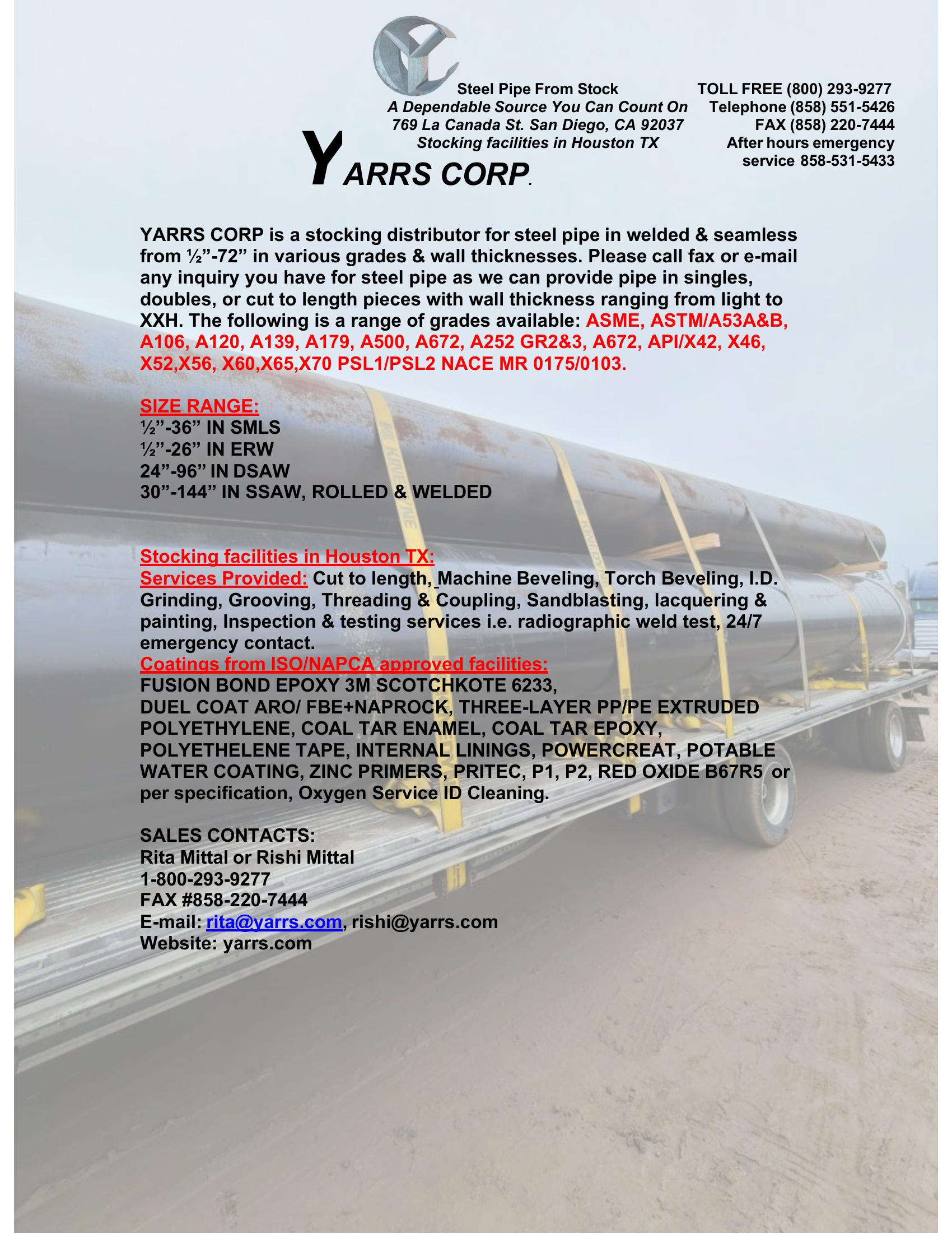 YARRS Corp. 2026 company profile, page 1 — overview, grades, services, coatings, and sales contacts